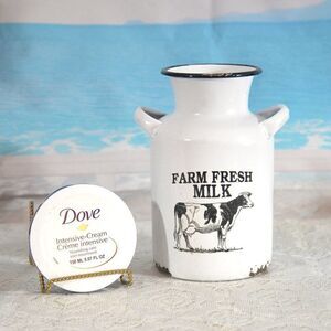 Enamelware Rustic Farm Fresh Milk Can and New Dove Intensive-Cream